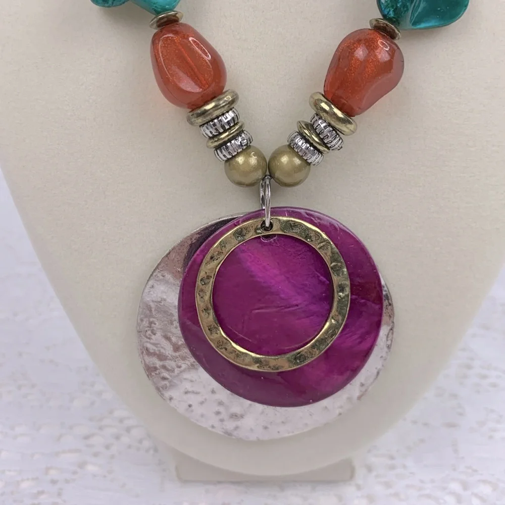 Statement Necklace Silver Chain Multicolor beads and metal pendants Adjustable
